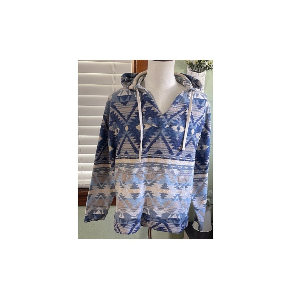 Lucky Brand Men's XL Blue Beige Geometric Cotton Hoodie Pullover Hooded
